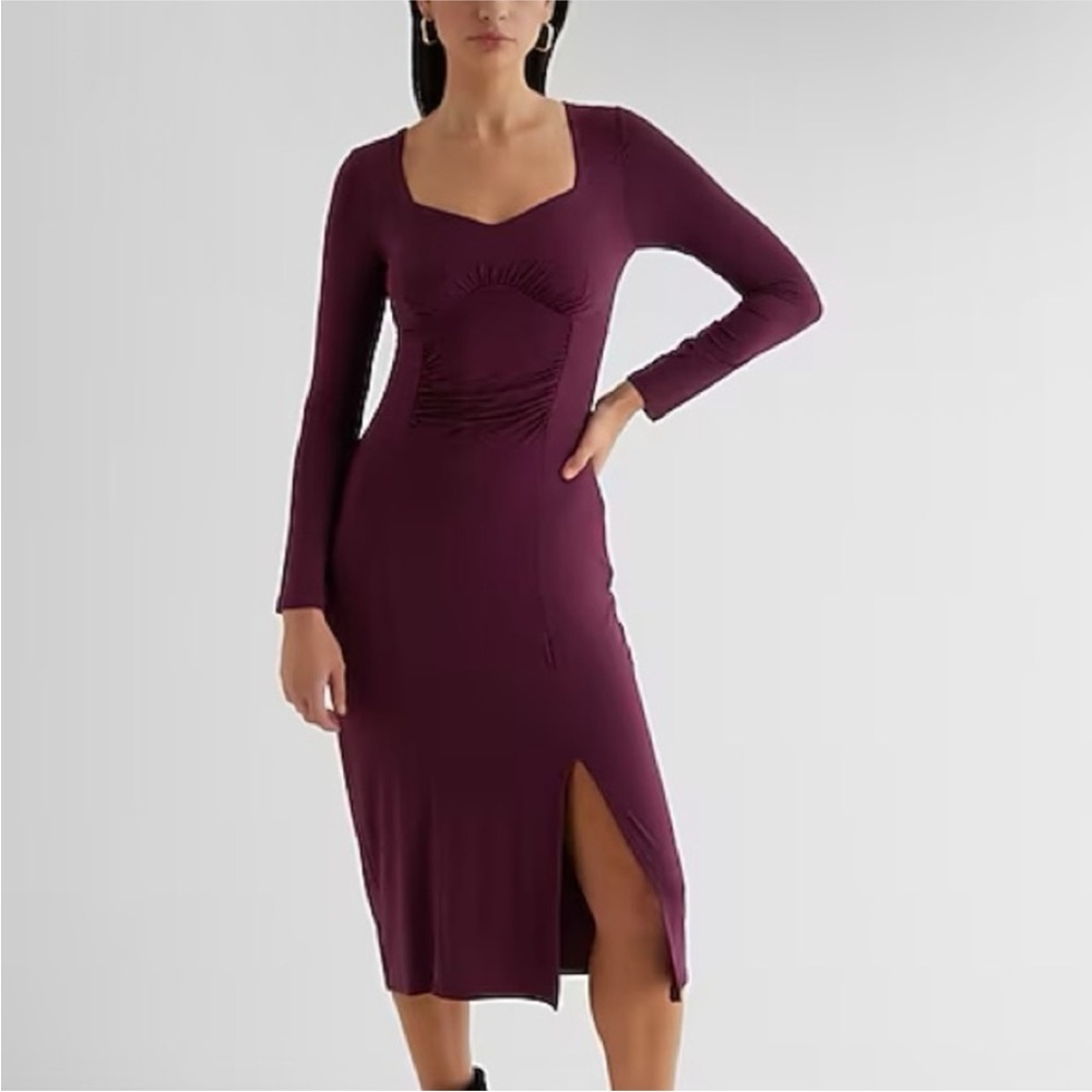 Sweetheart Neckline Long Sleeve Ruched Side Slit Midi Dress Express